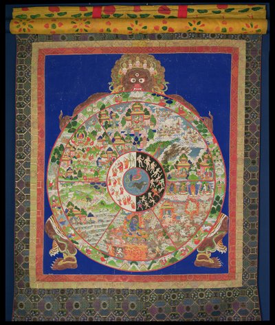 Dharmachakra生命之轮被死亡之王阎王所改变，其场景象征着两个环节，导致边缘无法控制的重生，西藏，1780-1850 作者 藏族学校